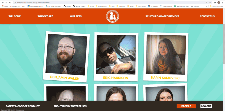 Borrow-a-Buddy about-us page with developer portraits